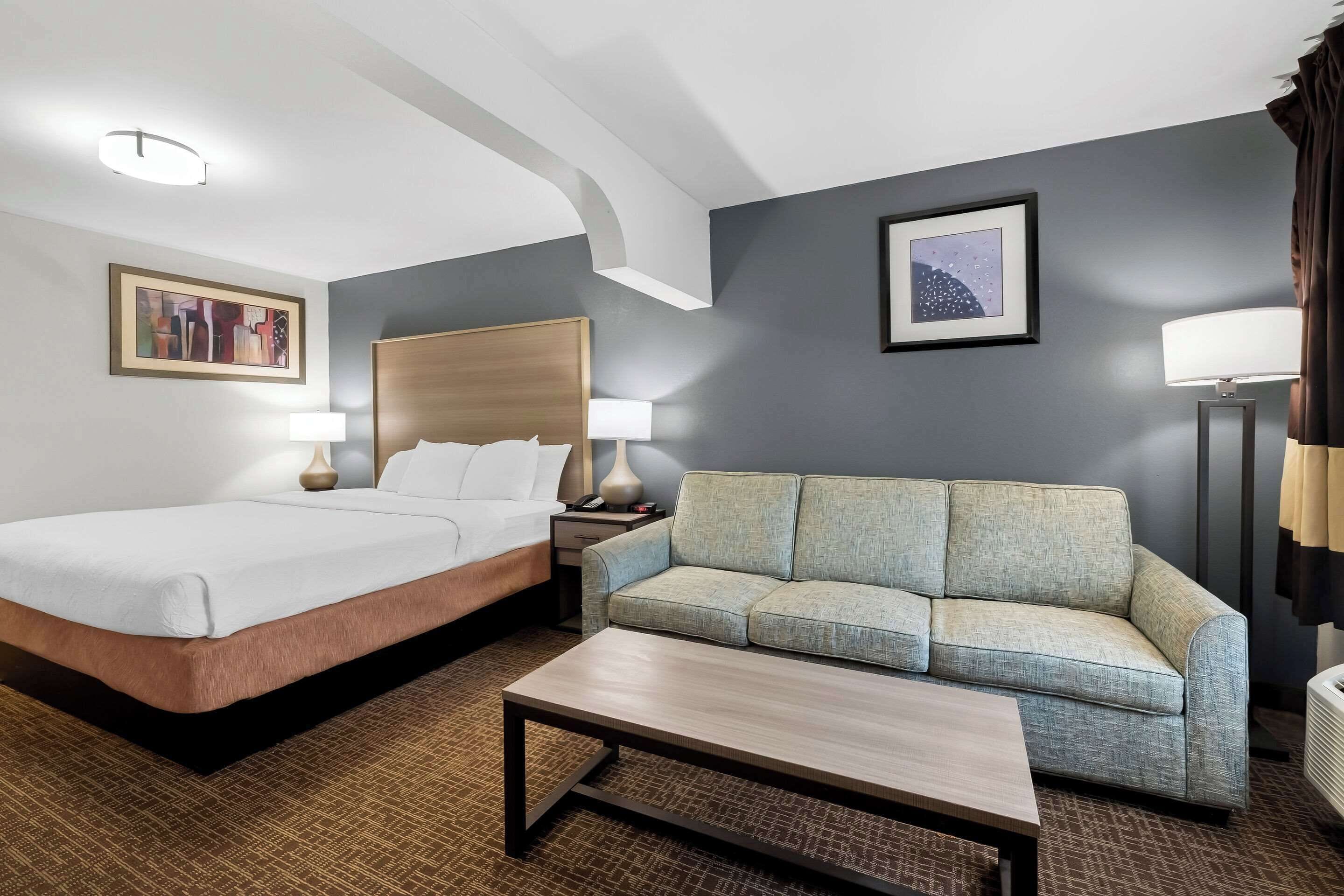 Una habitación de hotel con una cama, un sofá, una mesita de café y dos mesitas de noche con lámparas.