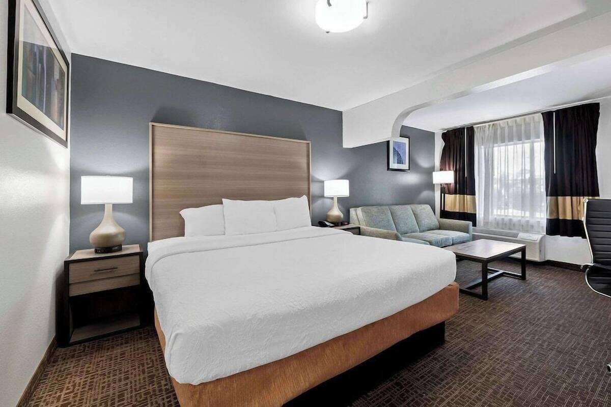 A modern hotel room with a large bed, a sofa, a desk, and a window with curtains.