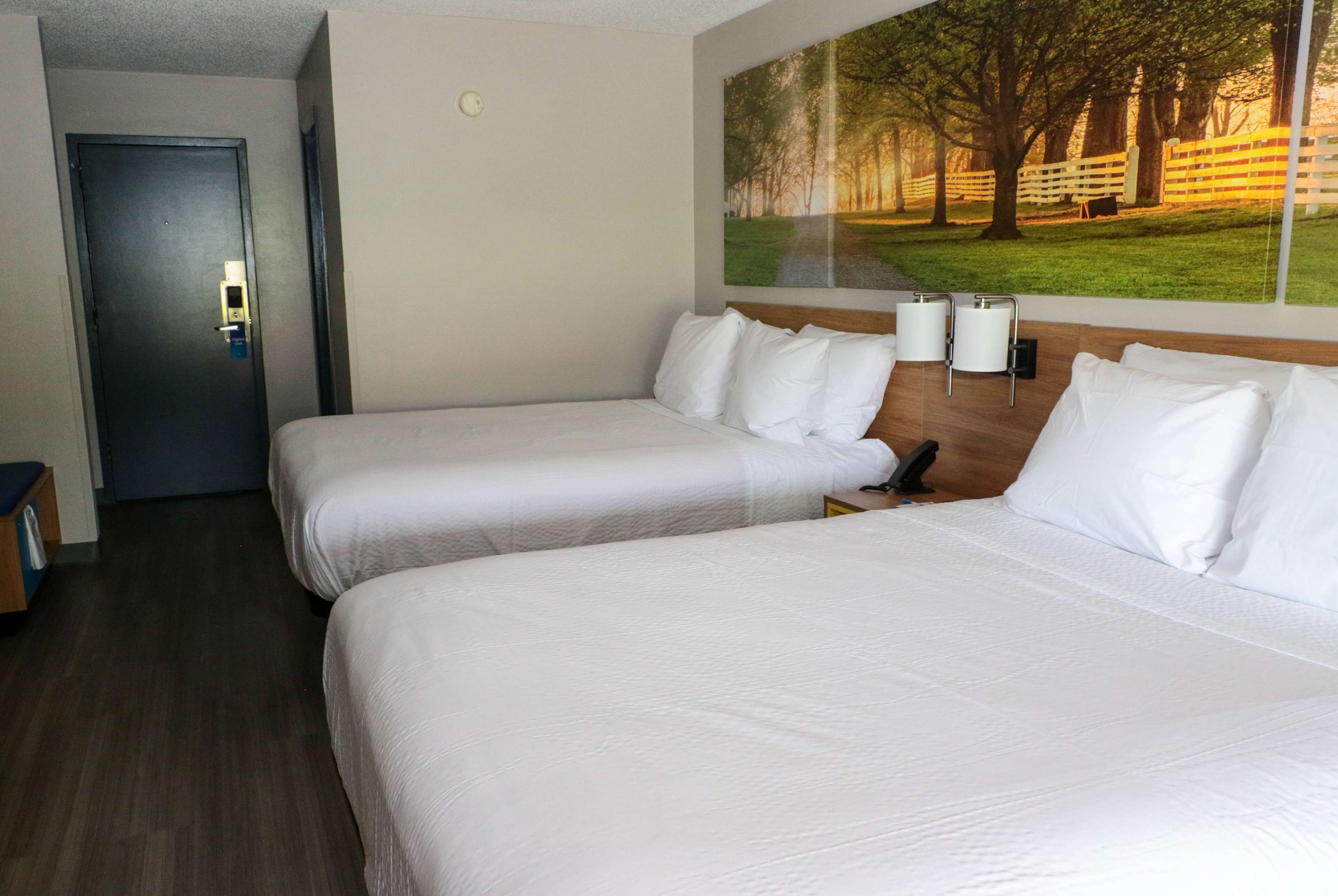 Habitación de hotel con dos camas, una puerta, una lámpara fijada a la pared y un ventanal con vistas a árboles.