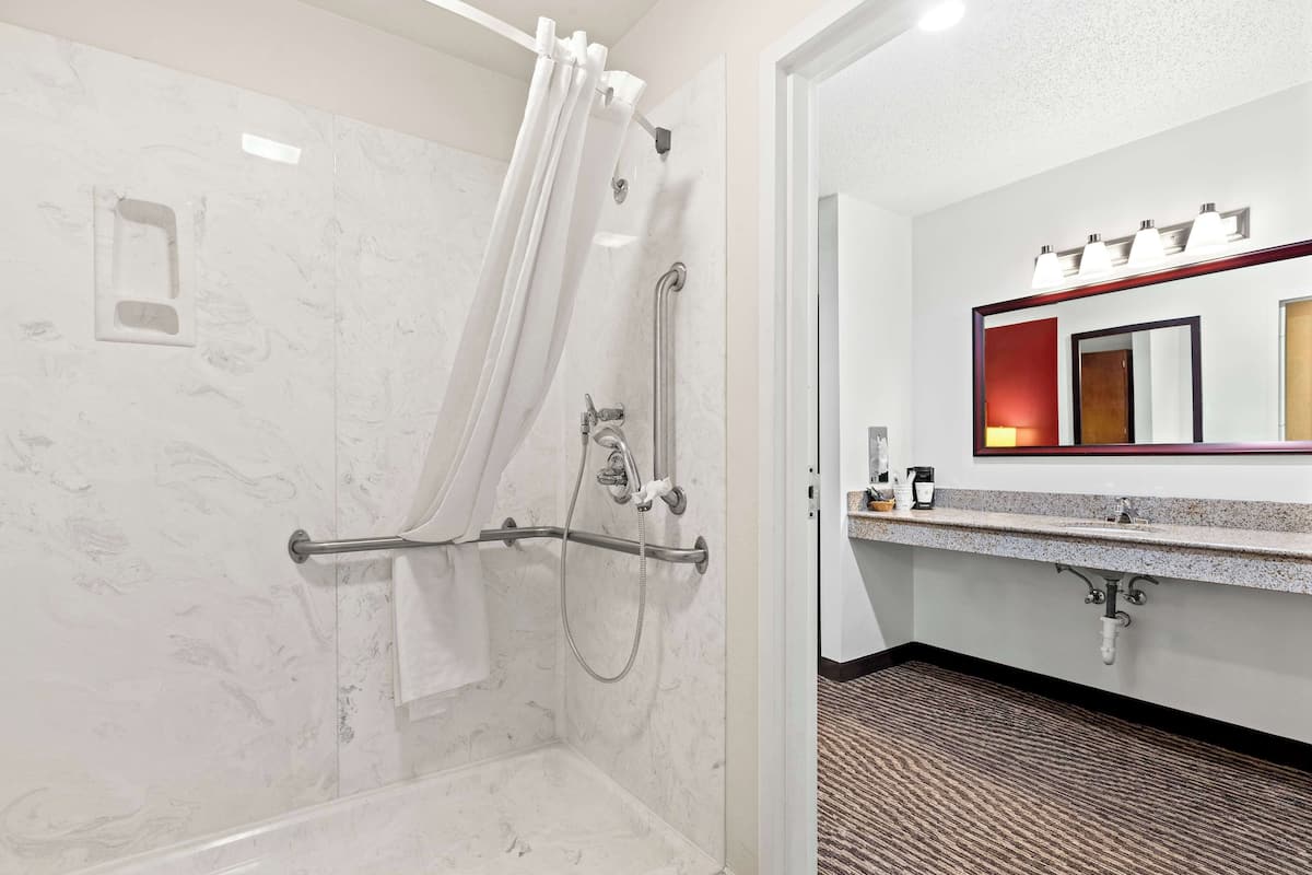 standard room, 1 king bed, accessible, non smoking (refrigerator & microwave) | bathroom | free toiletries, hair dryer, towels