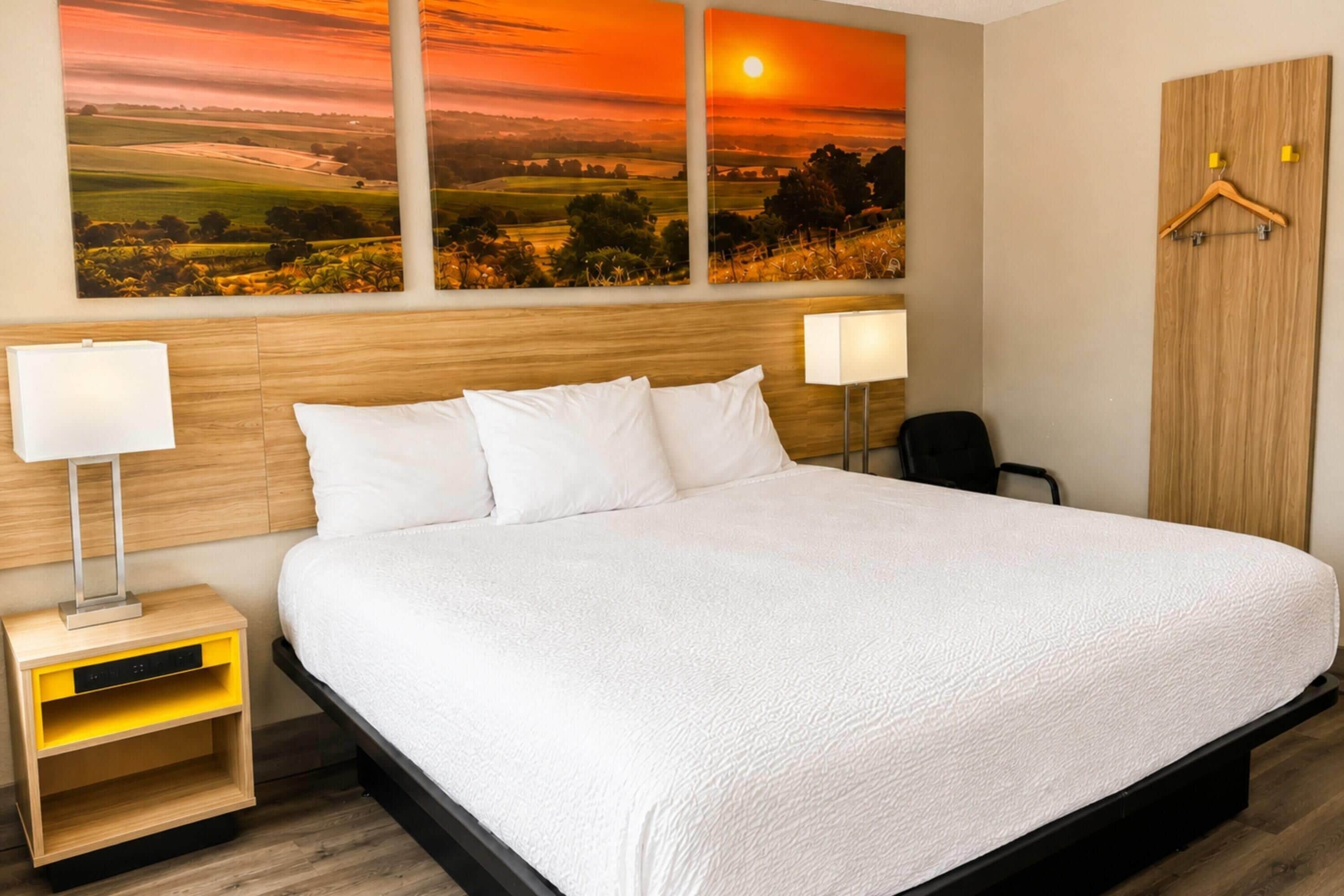 Habitación de hotel con una cama grande, dos lámparas de noche, un cabecero de madera, un armario y un cuadro de un paisaje con atardecer.