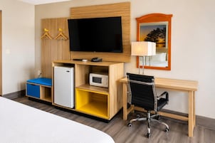 Habitación de hotel con cama, escritorio con silla, televisor, refrigerador, microondas y lámpara.