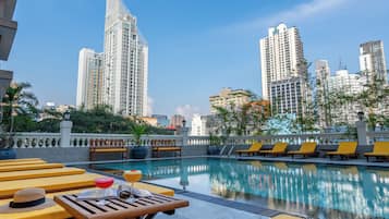 Outdoor pool, pool umbrellas, pool loungers