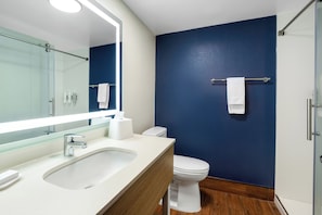 Combined shower/tub, free toiletries, hair dryer, towels
