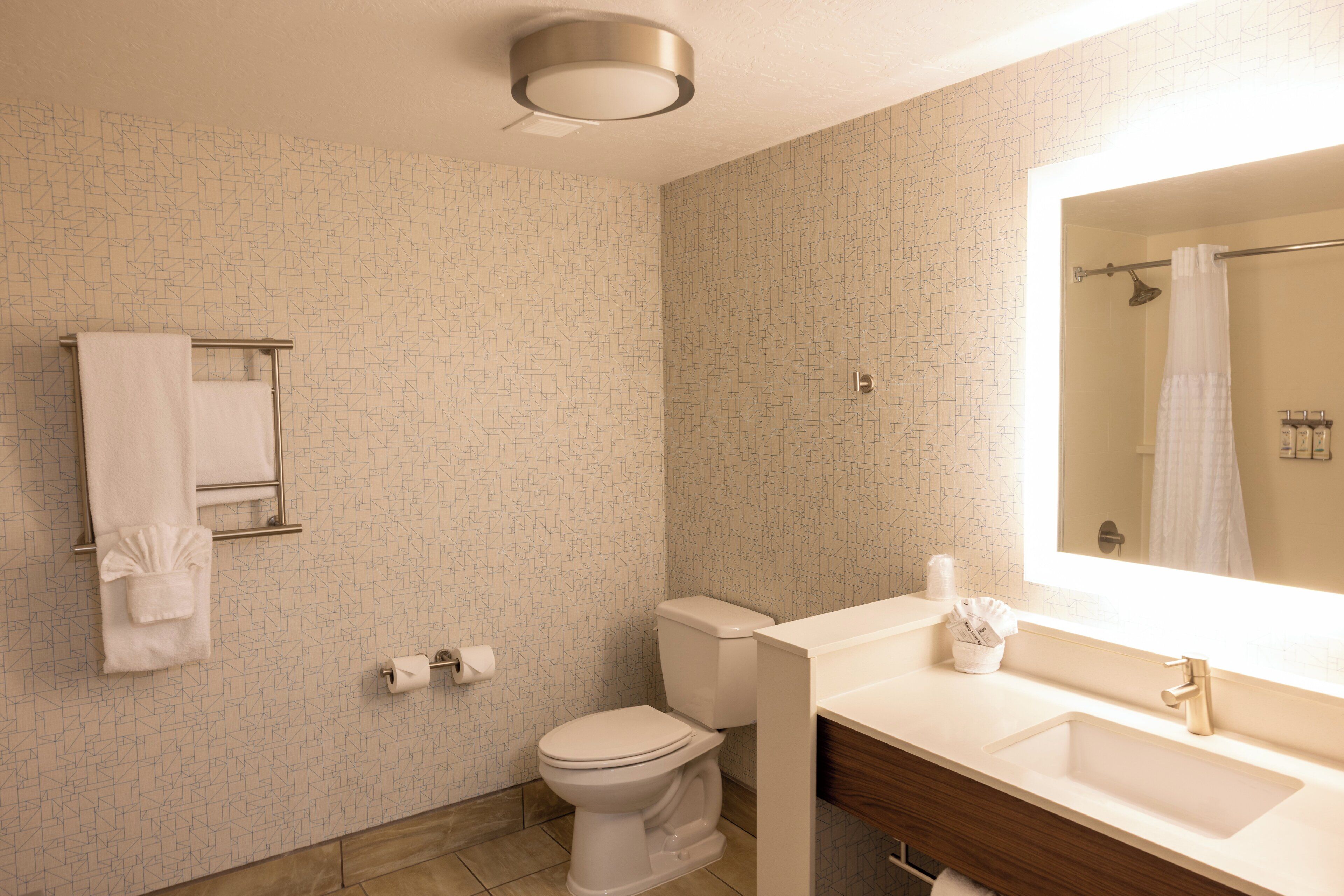 A bathroom with a toilet, sink, and mirror.