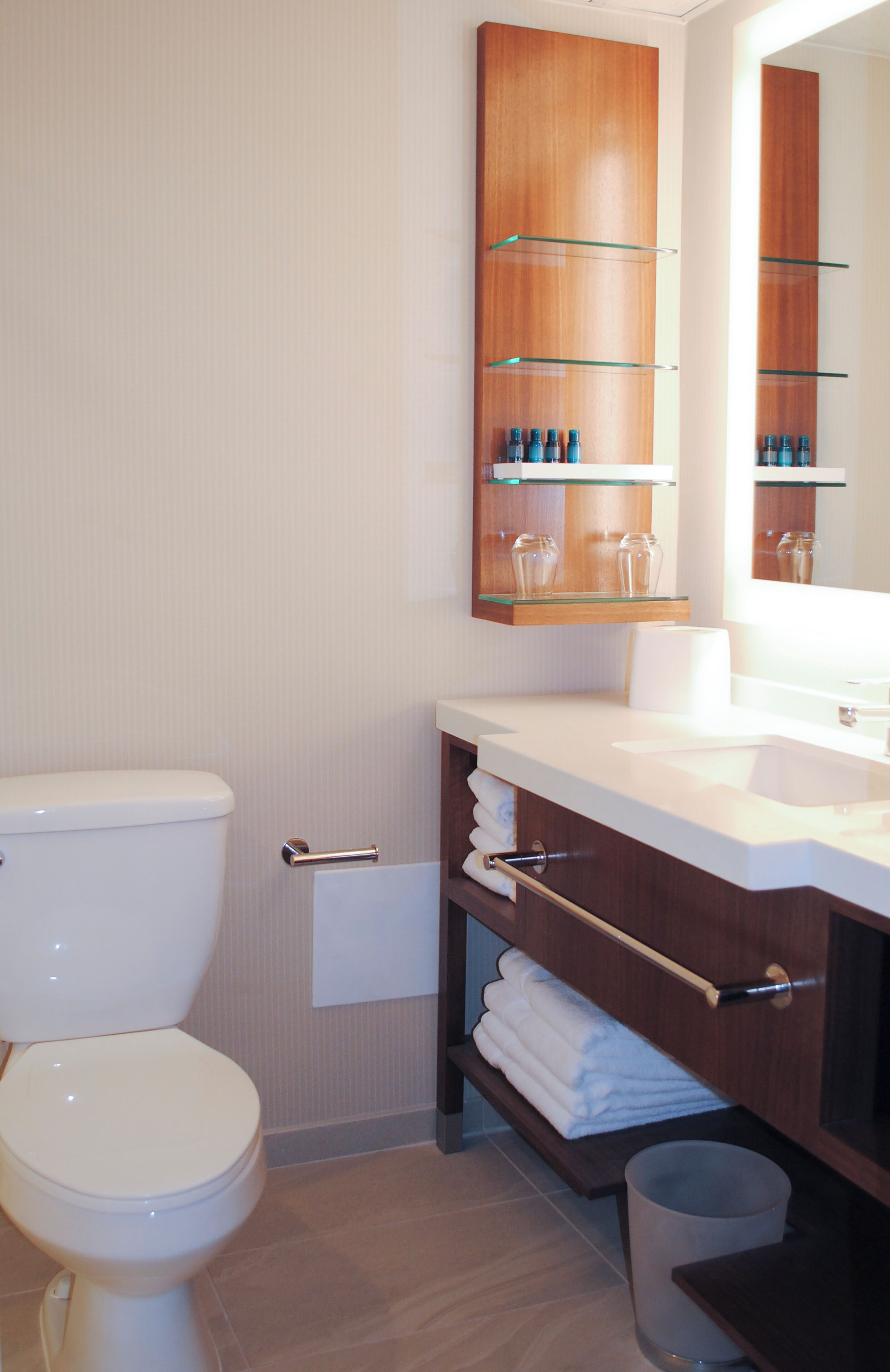 Une salle de bain moderne équipée de toilettes, d’un lavabo, d’un miroir et d’une étagère en verre où sont rangés les articles de toilette.