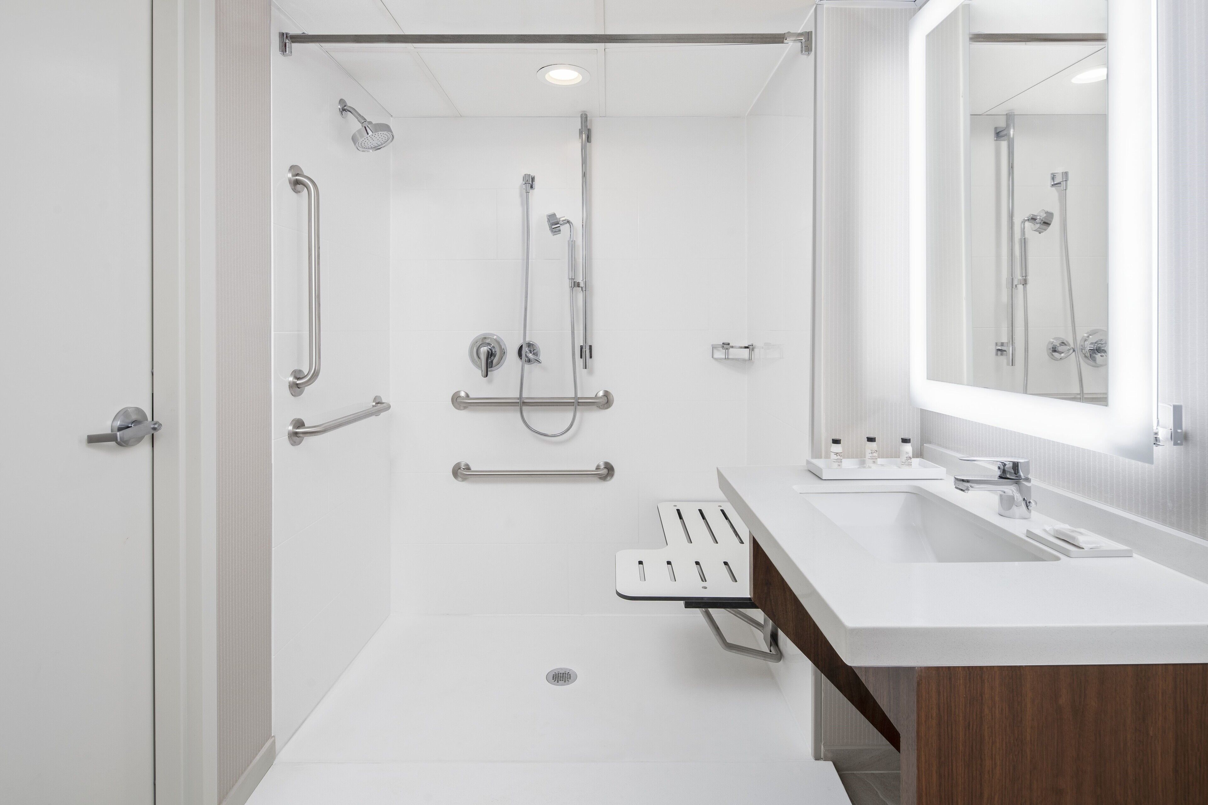 standard room, 1 king bed (mobility accessible, roll-in shower) | bathroom | eco-friendly toiletries, hair dryer, towels, soap