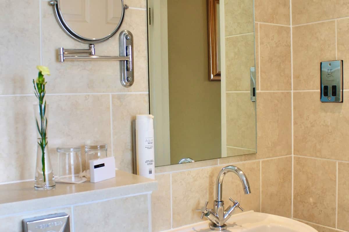 Combined shower/bathtub, free toiletries, hair dryer, towels