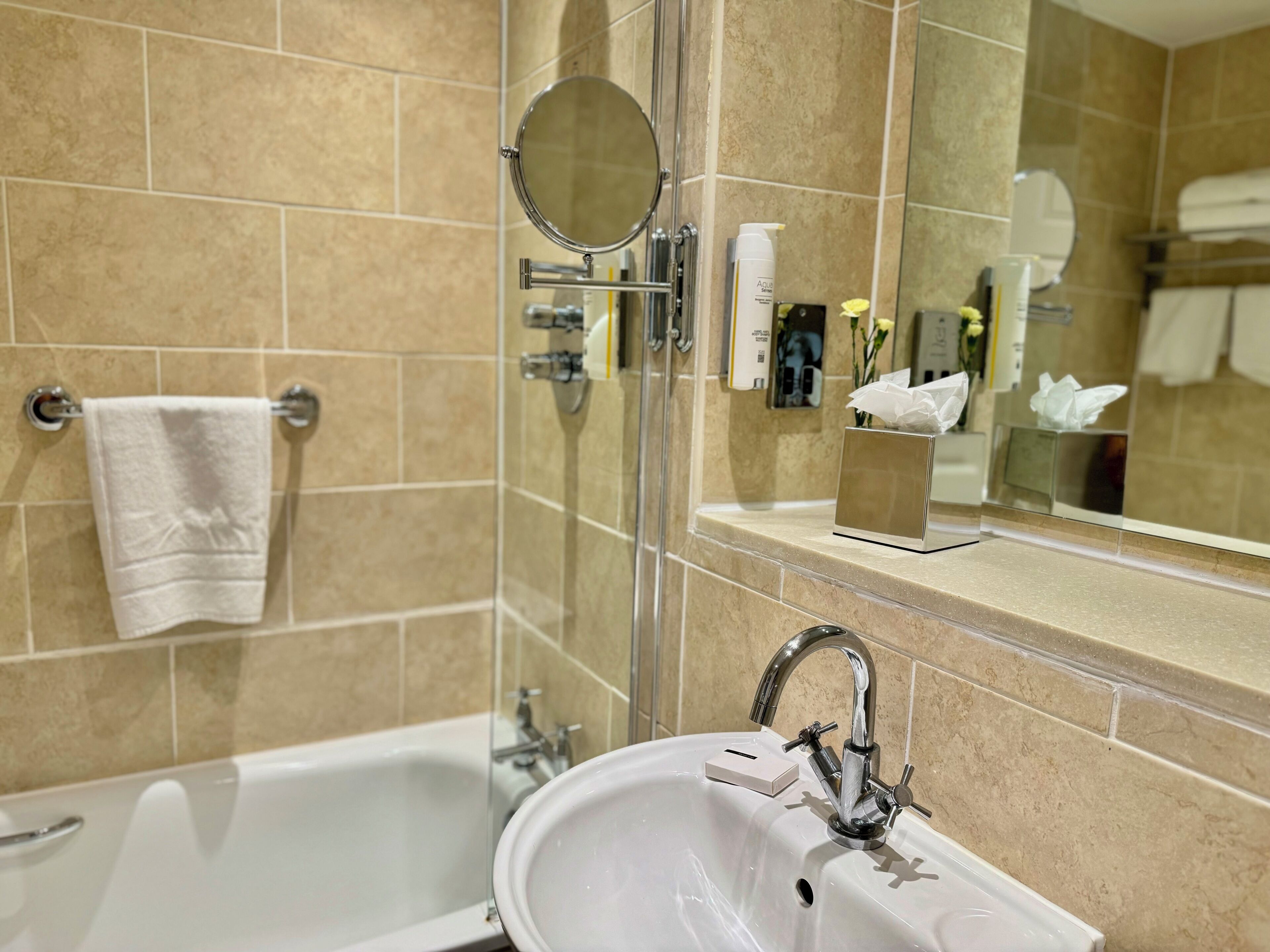 combined shower/bathtub, free toiletries, hair dryer, towels