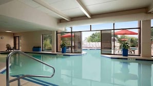 An indoor swimming pool with clear glass walls, potted plants, and a view of the outside.