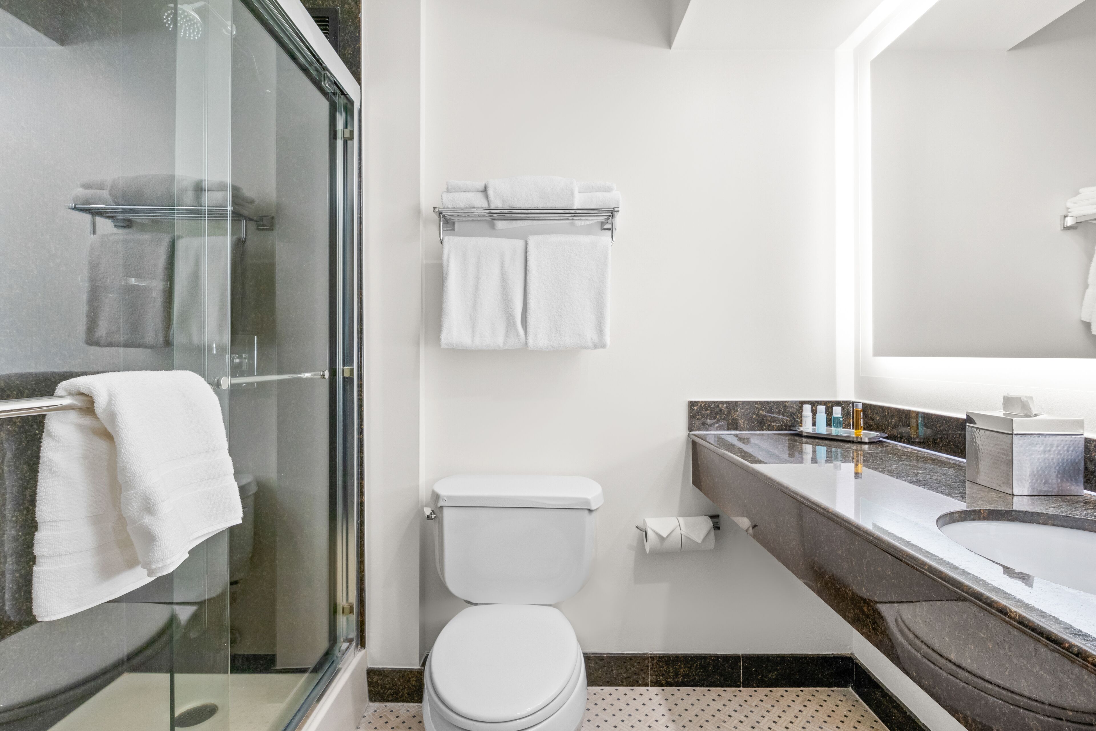 A modern bathroom with a glass shower enclosure, a white toilet, and a marble countertop with a sink and mirror.