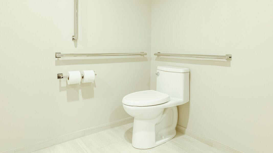 Un inodoro blanco con un pasamanos, un rollo de papel higiénico y una pared lisa.