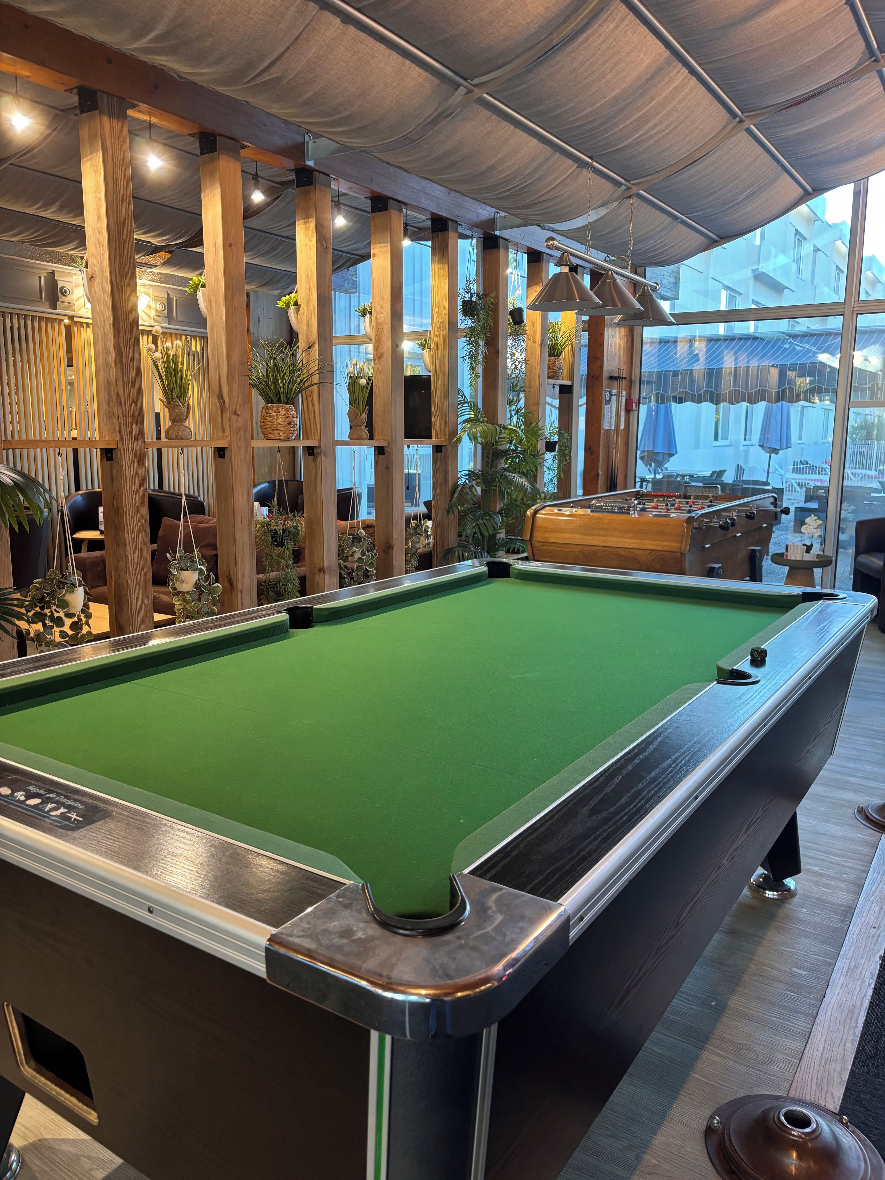 A pool table in a room with wooden beams and hanging plants.