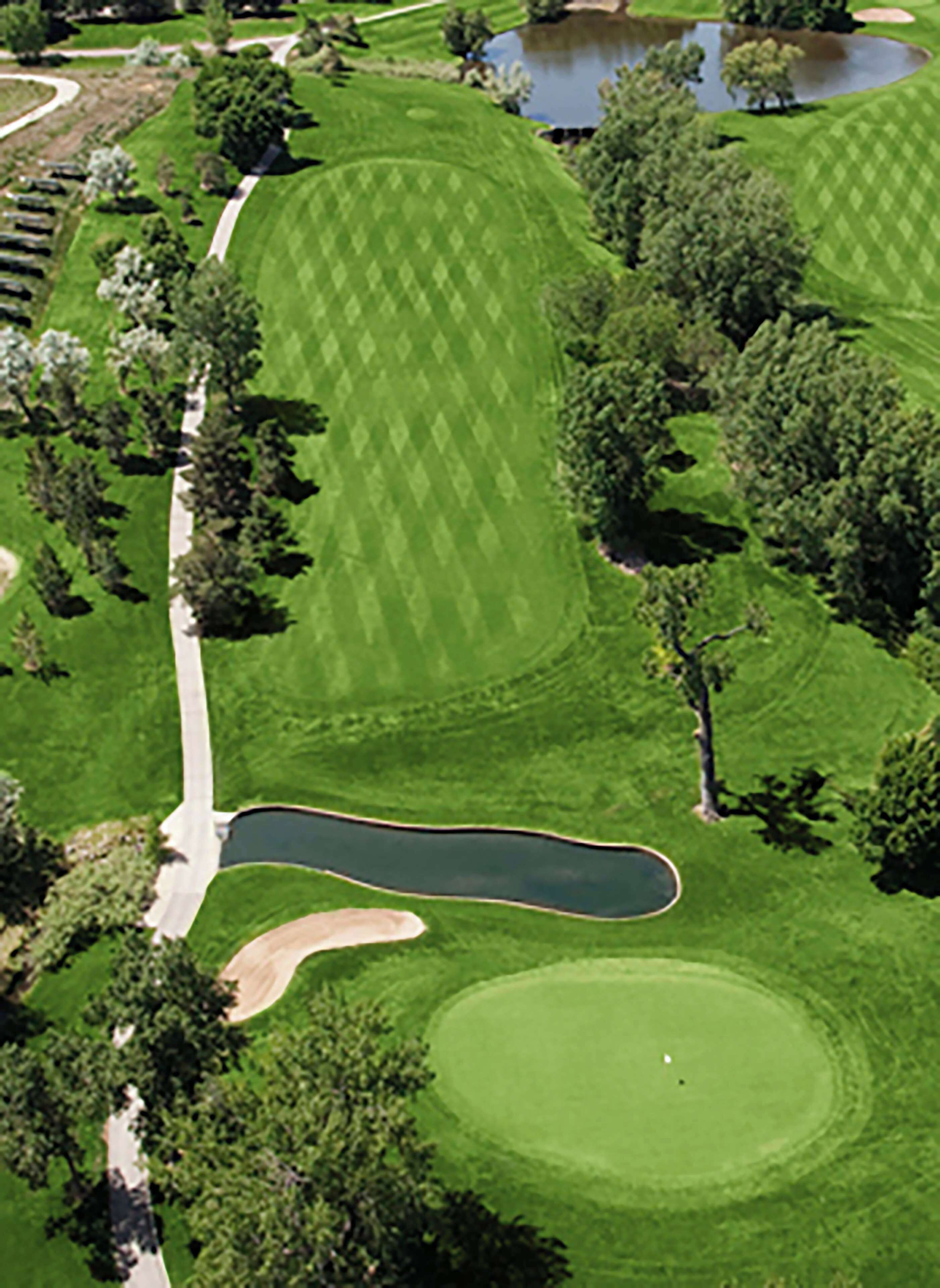 An aerial view of a golf course with a pond, trees, and a well-maintained lawn.