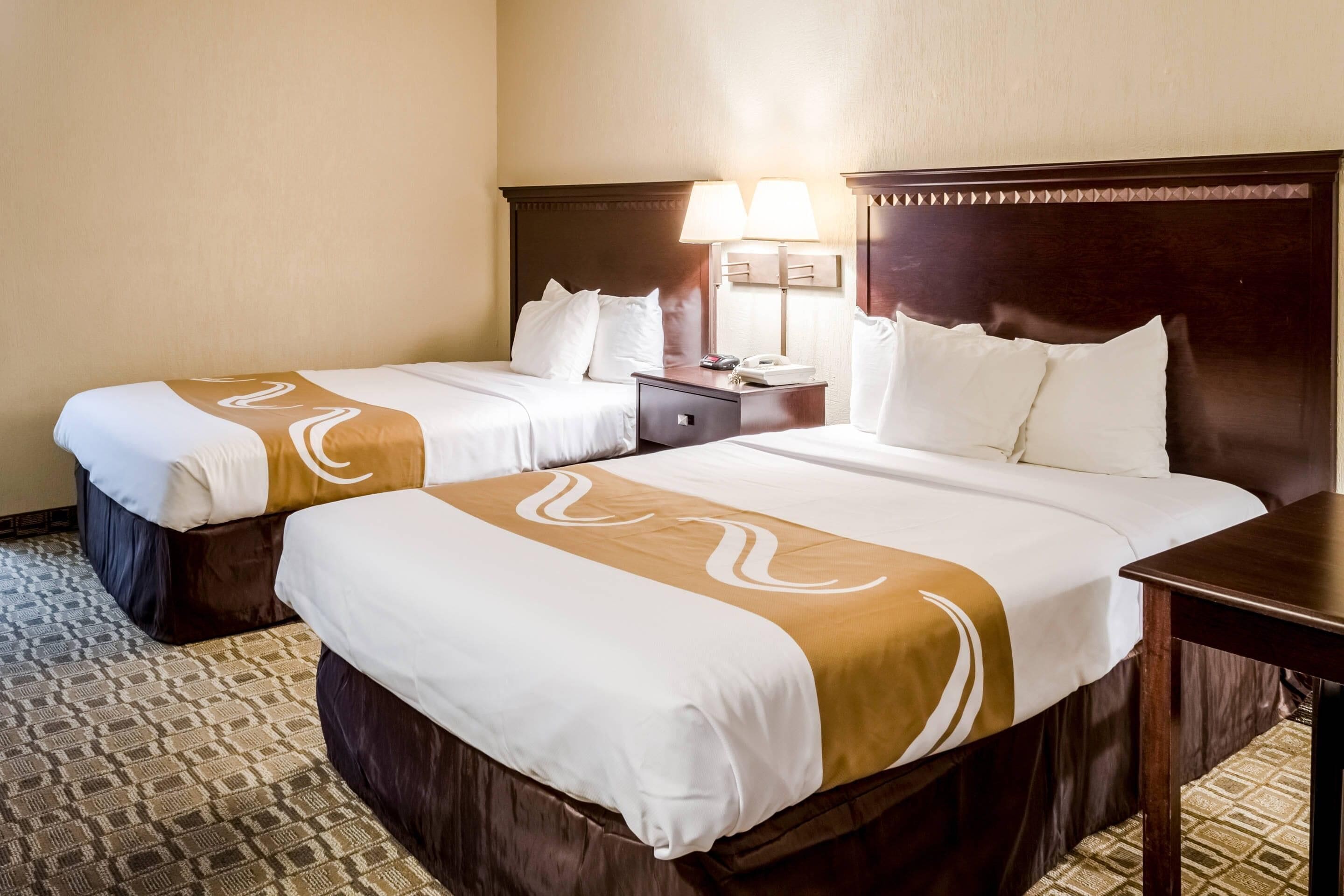 A hotel room with two beds, each with a brown and white bedspread, a wooden headboard, a nightstand with a lamp, and a patterned carpet.
