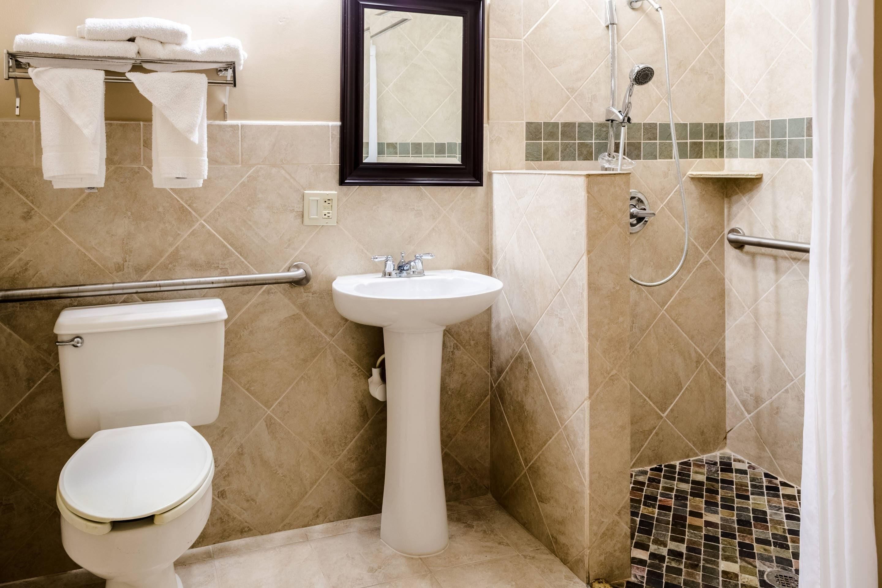 A bathroom with a toilet, sink, and shower.