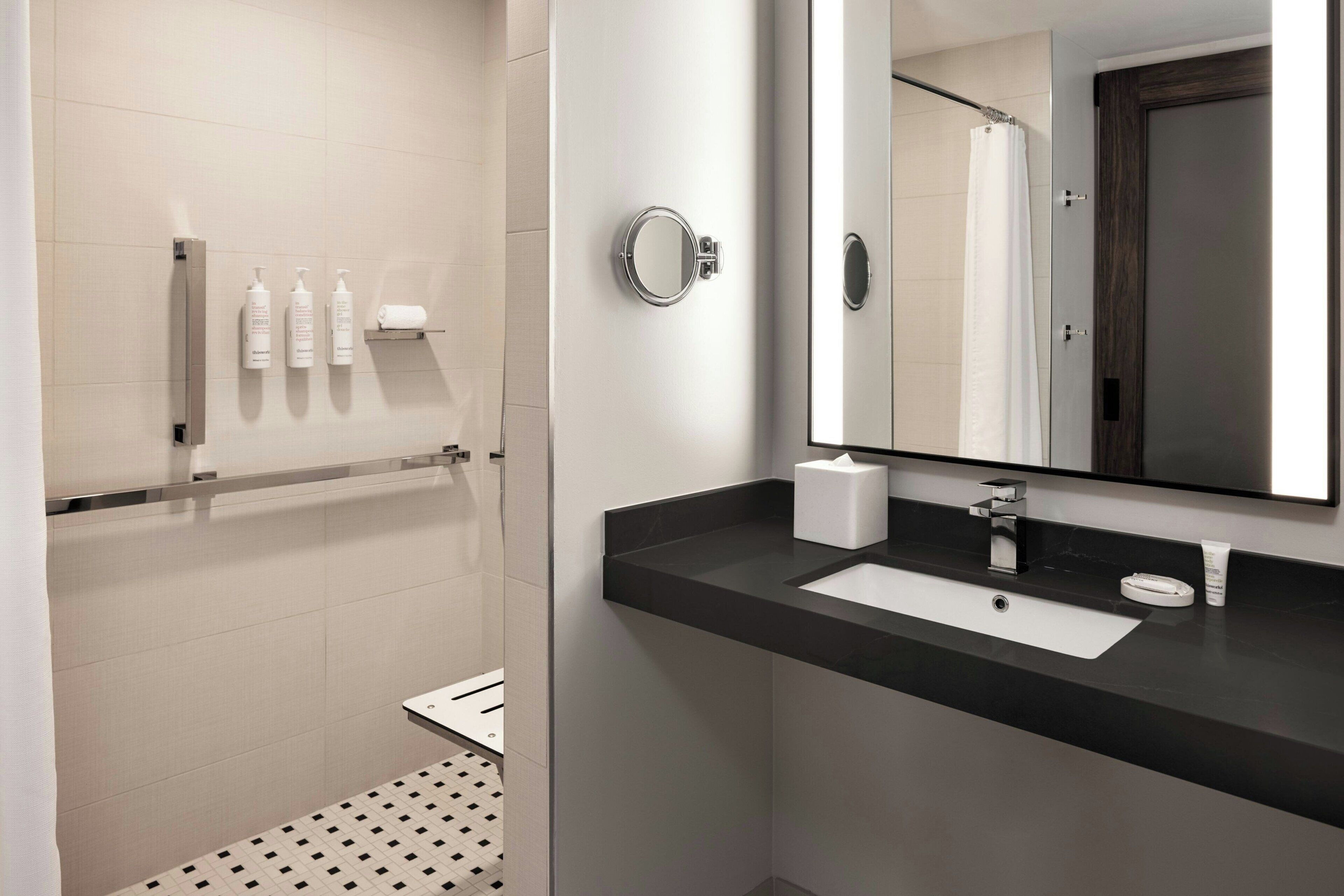 combined shower/bathtub, free toiletries, hair dryer, towels