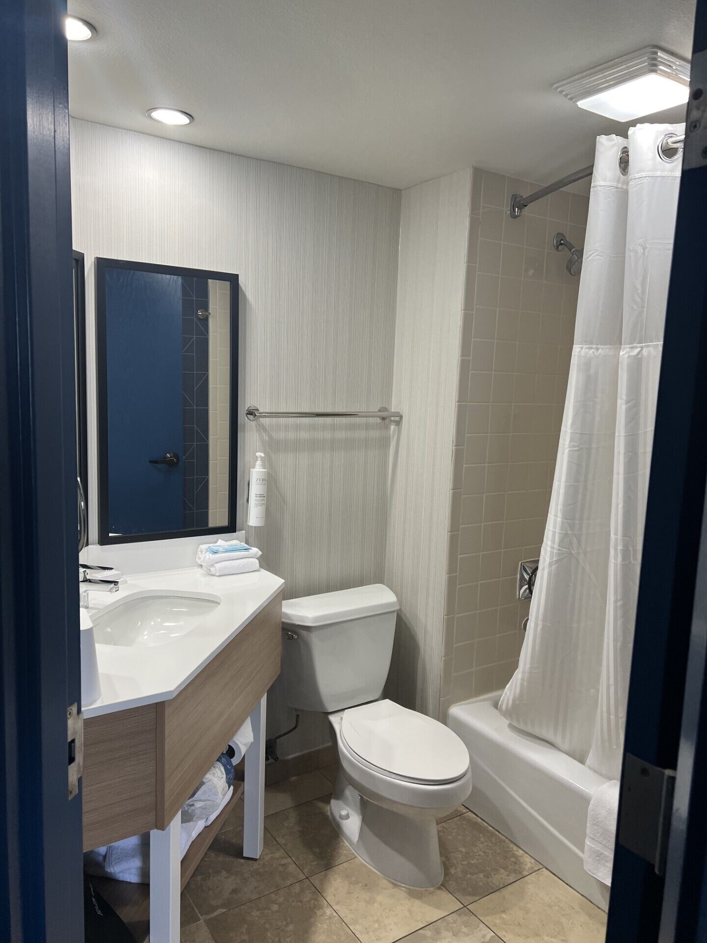 combined shower/bathtub, free toiletries, hair dryer, towels