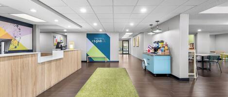 A modern reception area with a wooden reception desk, a green carpet, and a blue counter with various items.