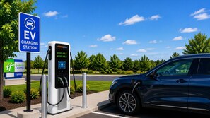 Eine EV-Ladestation mit Hinweisschild, das Verfügbarkeit anzeigt, ein Schild der Holiday Inn Express sowie ein dunkel gefärbtes Auto in der Nähe.