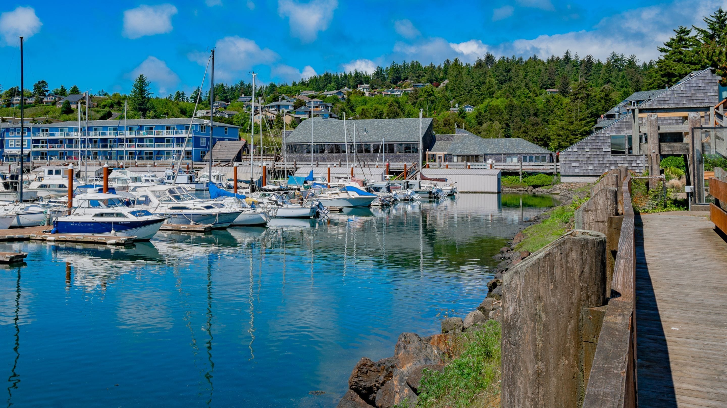 A marina with boats docked, a wooden boardwalk, and houses in the background.
