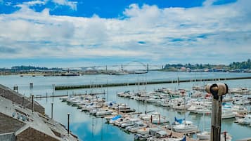 Boats dock at the marina, accessible via a central pier and wooden docks.
