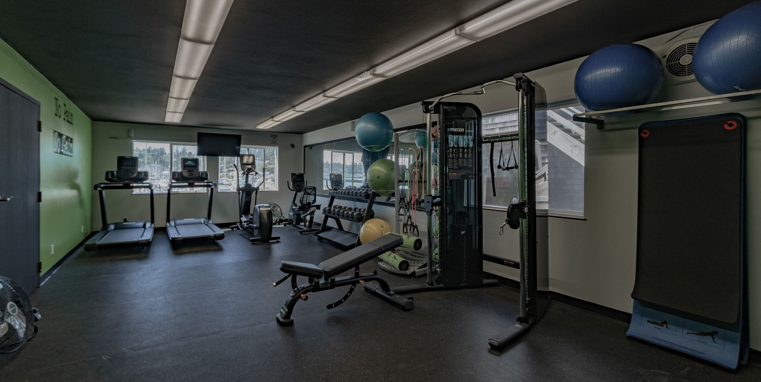 Un gimnasio con cintas de correr, pelotas de ejercicio y máquinas de pesas.