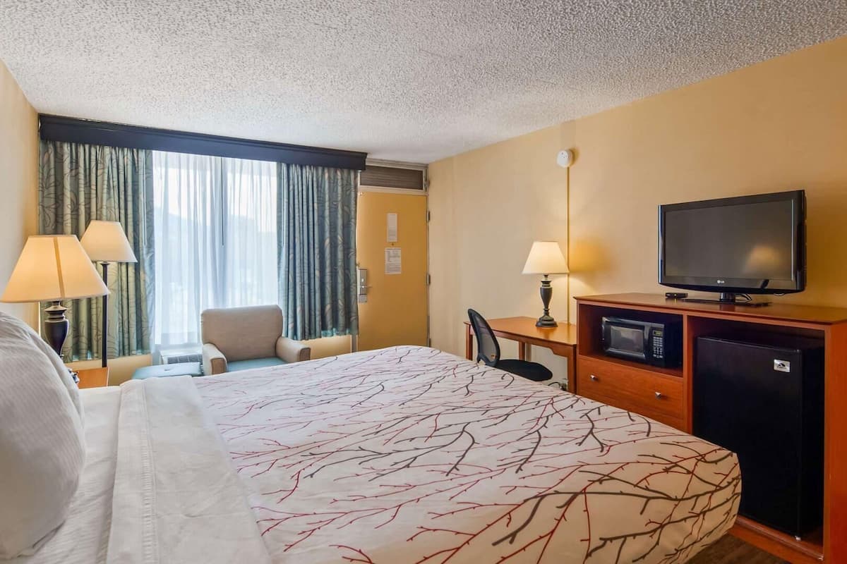 A hotel room with a bed, a desk with a TV, a microwave, and a chair.