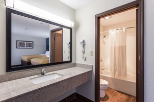 Combined shower/tub, free toiletries, hair dryer, towels
