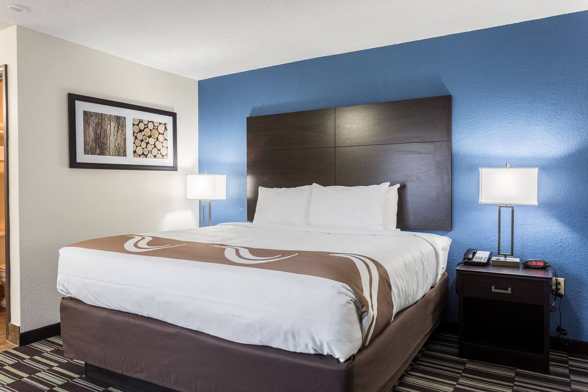 A hotel room with a large bed, two bedside tables, a nightstand, and a framed picture on the wall.