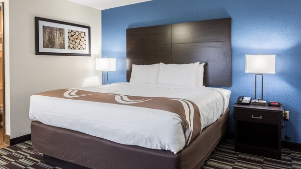 A hotel room with a large bed, two bedside tables, a nightstand, and a framed picture on the wall.