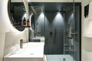 Eco-friendly toiletries, hair dryer, towels