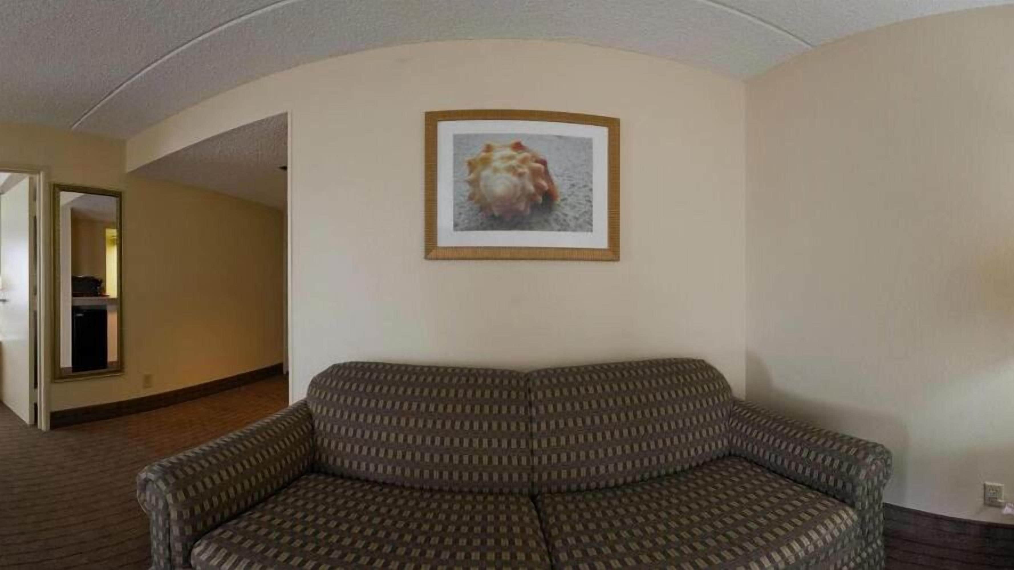Un salon avec un canapé à motifs, un tableau encadré au mur et un couloir menant à une autre pièce.