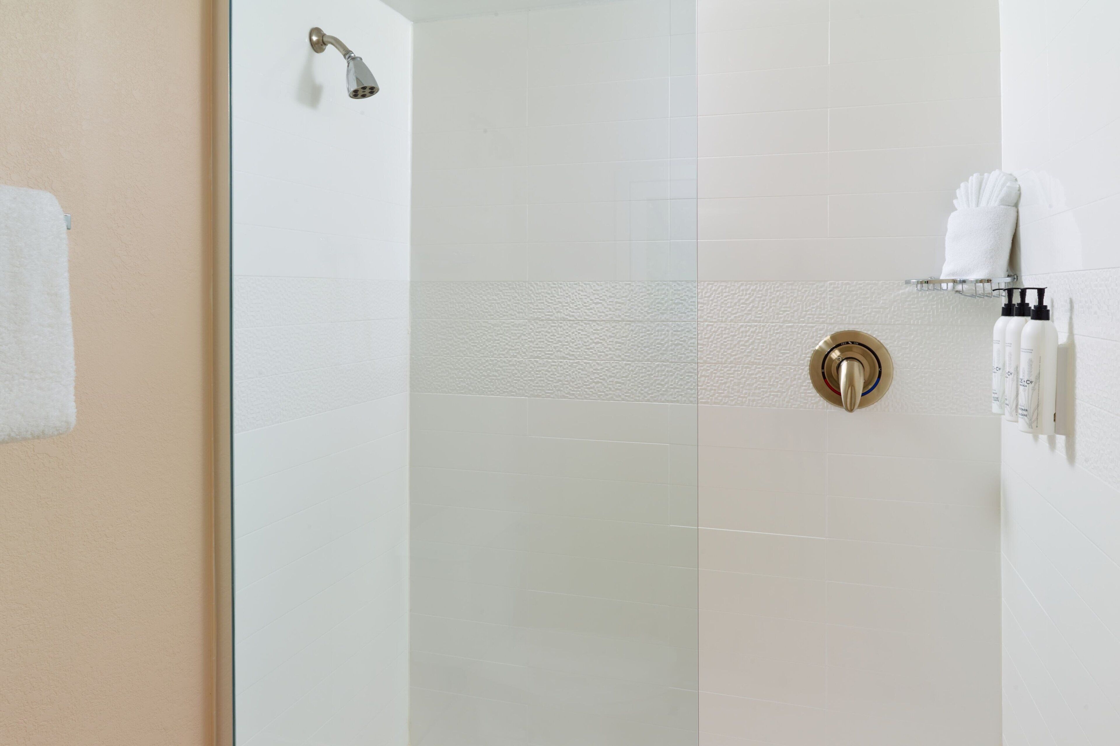 combined shower/bathtub, free toiletries, hair dryer, towels