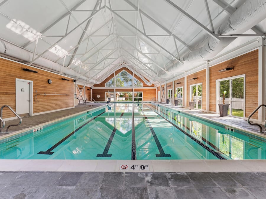 Indoor pool, seasonal outdoor pool, pool umbrellas, pool loungers