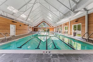 Indoor pool, seasonal outdoor pool, pool umbrellas, pool loungers