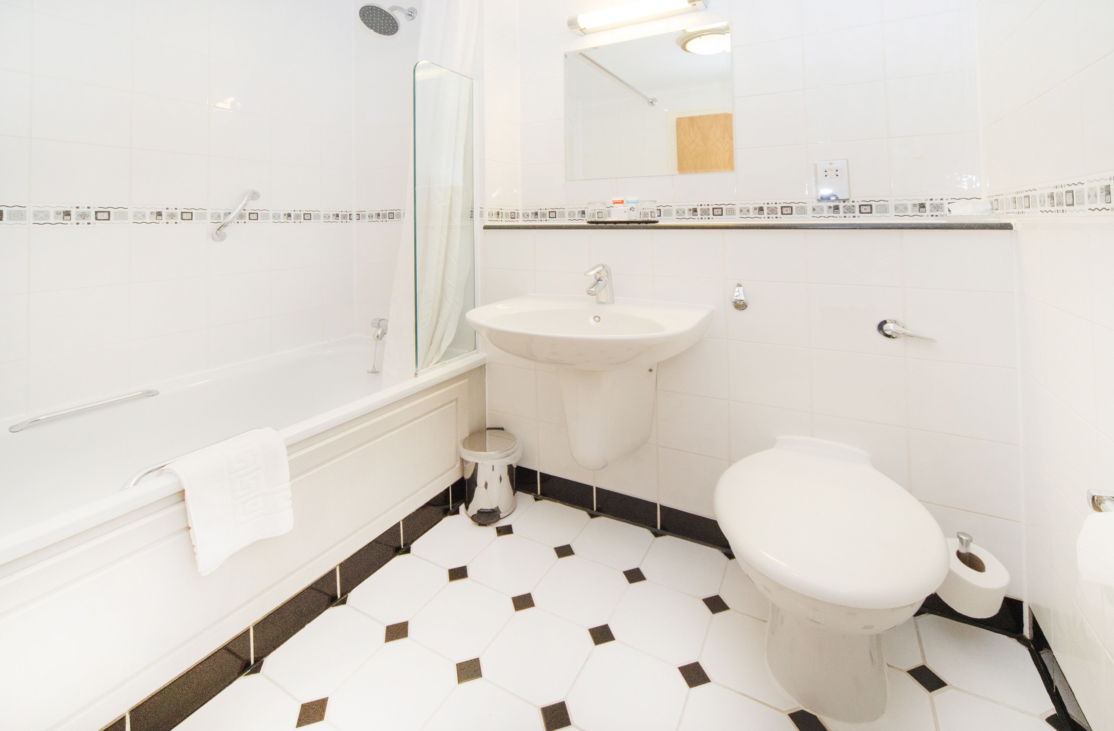 combined shower/bathtub, free toiletries, hair dryer, towels