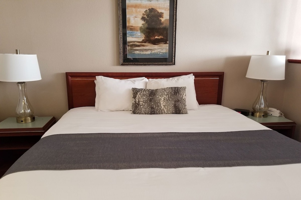 Escritorio, cortinas blackout y tabla de planchar con plancha
