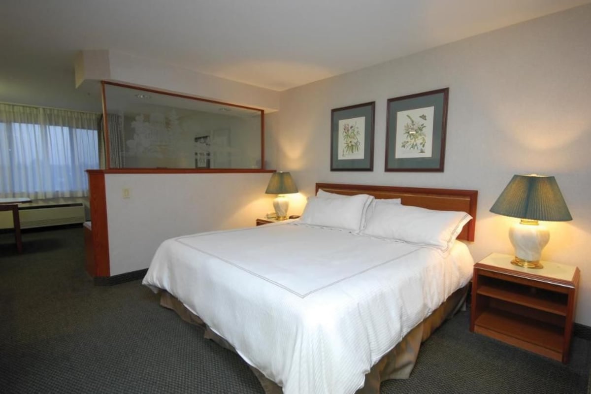 Habitación de hotel con cama, dos lámparas de noche, una mesita de noche, un espejo y dos cuadros en la pared.