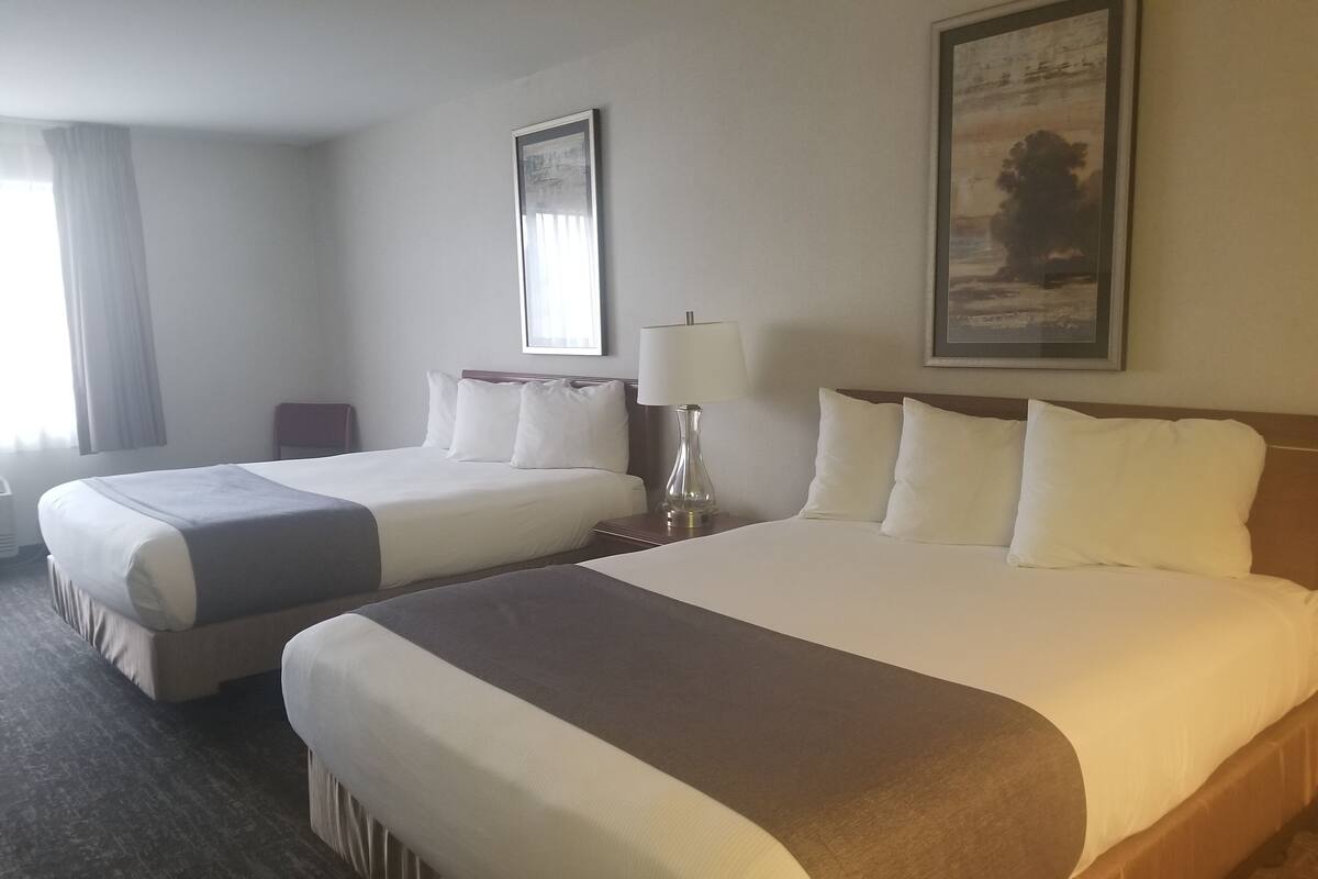 A hotel room with two beds, a nightstand, a lamp, and a painting on the wall.