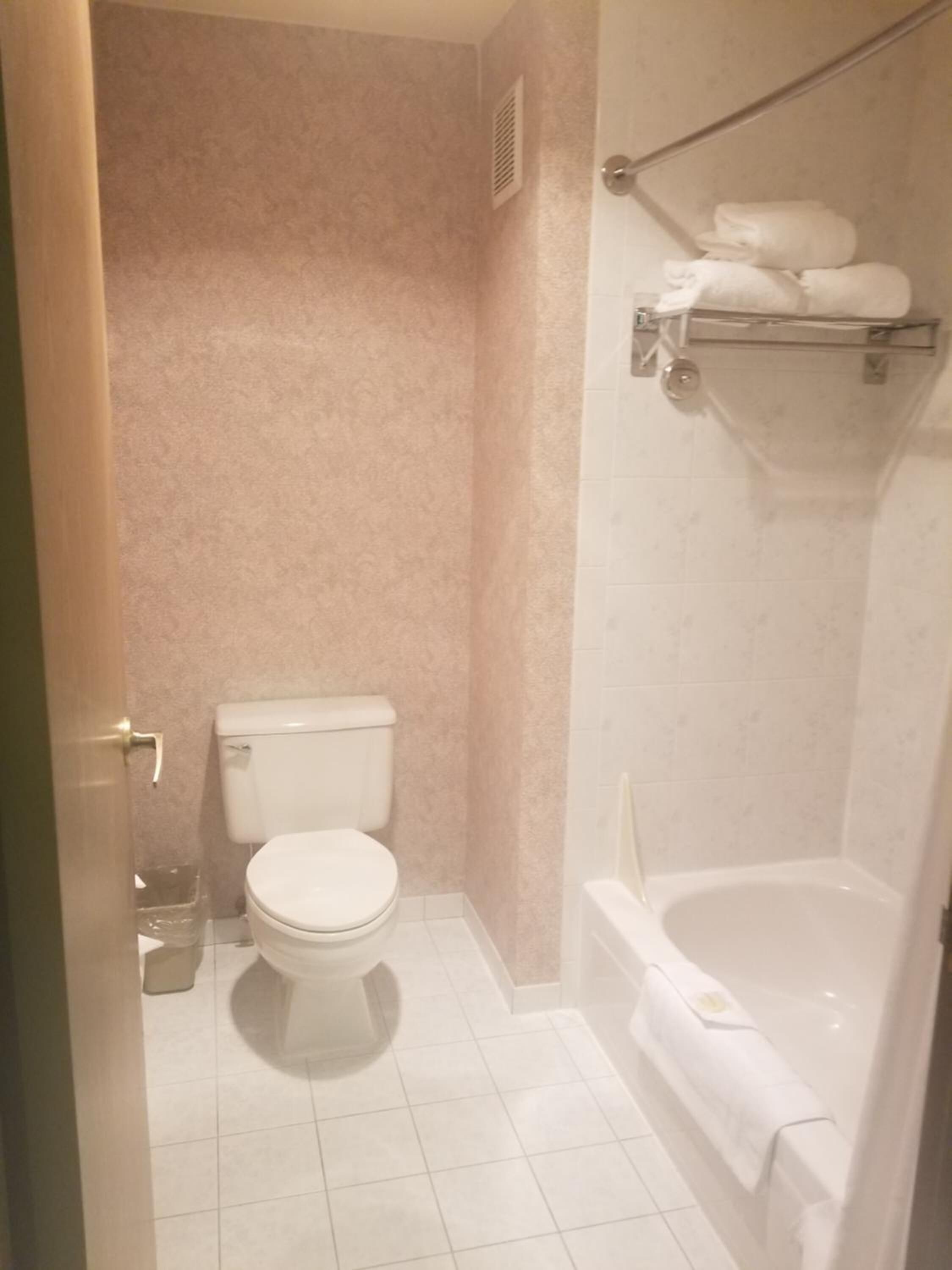 A bathroom with a toilet, a bathtub, and a shower.