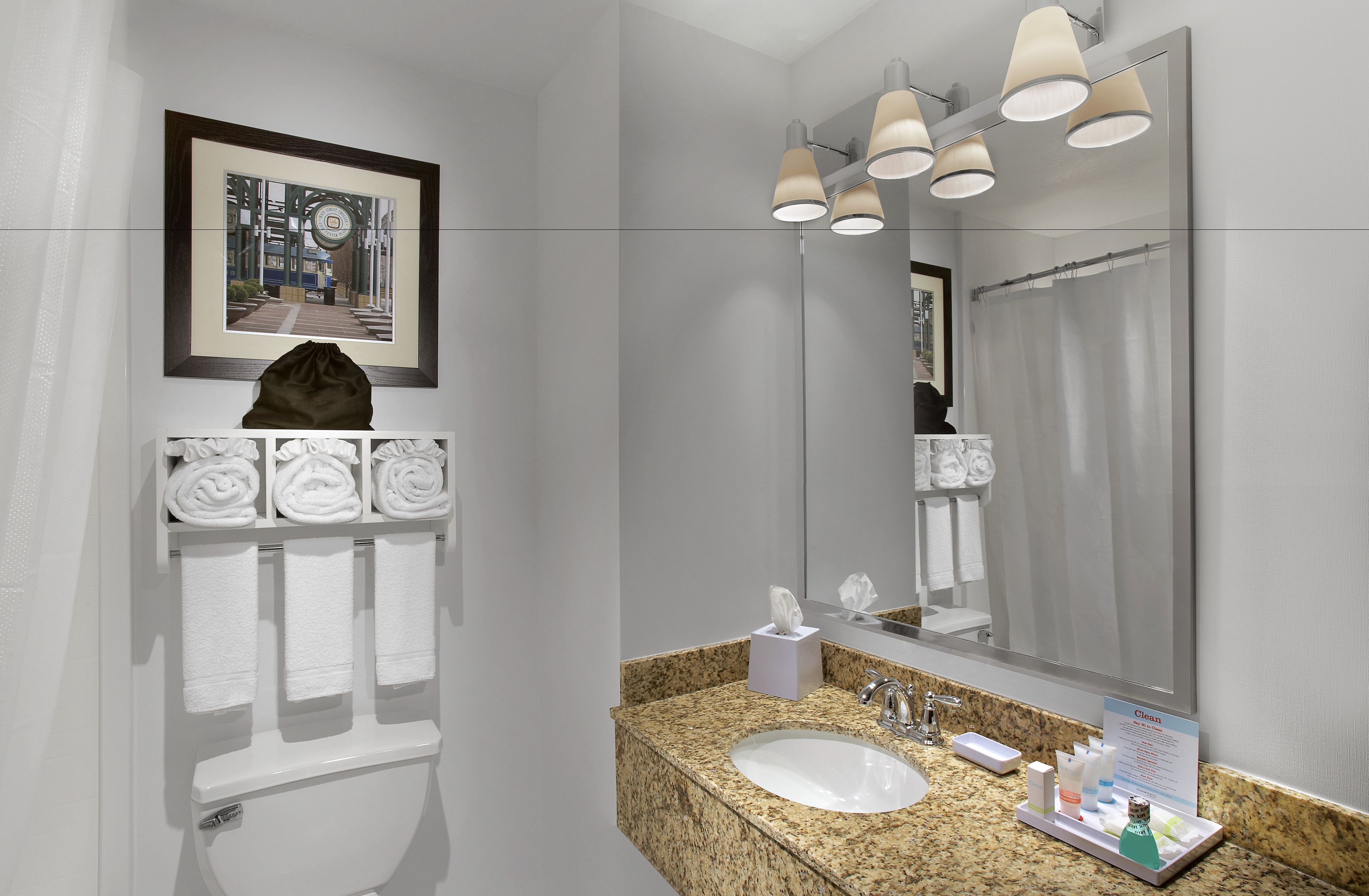 combined shower/bathtub, designer toiletries, hair dryer, towels