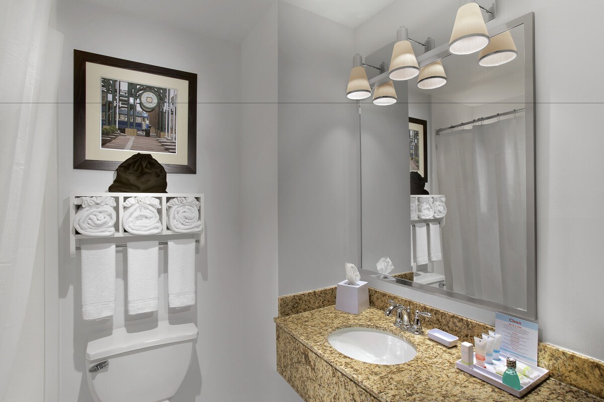 A modern bathroom with a granite sink, a large mirror, and a framed picture above the toilet.
