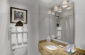 Un baño moderno con lavamanos de granito, un espejo grande y un cuadro colgado sobre el inodoro.