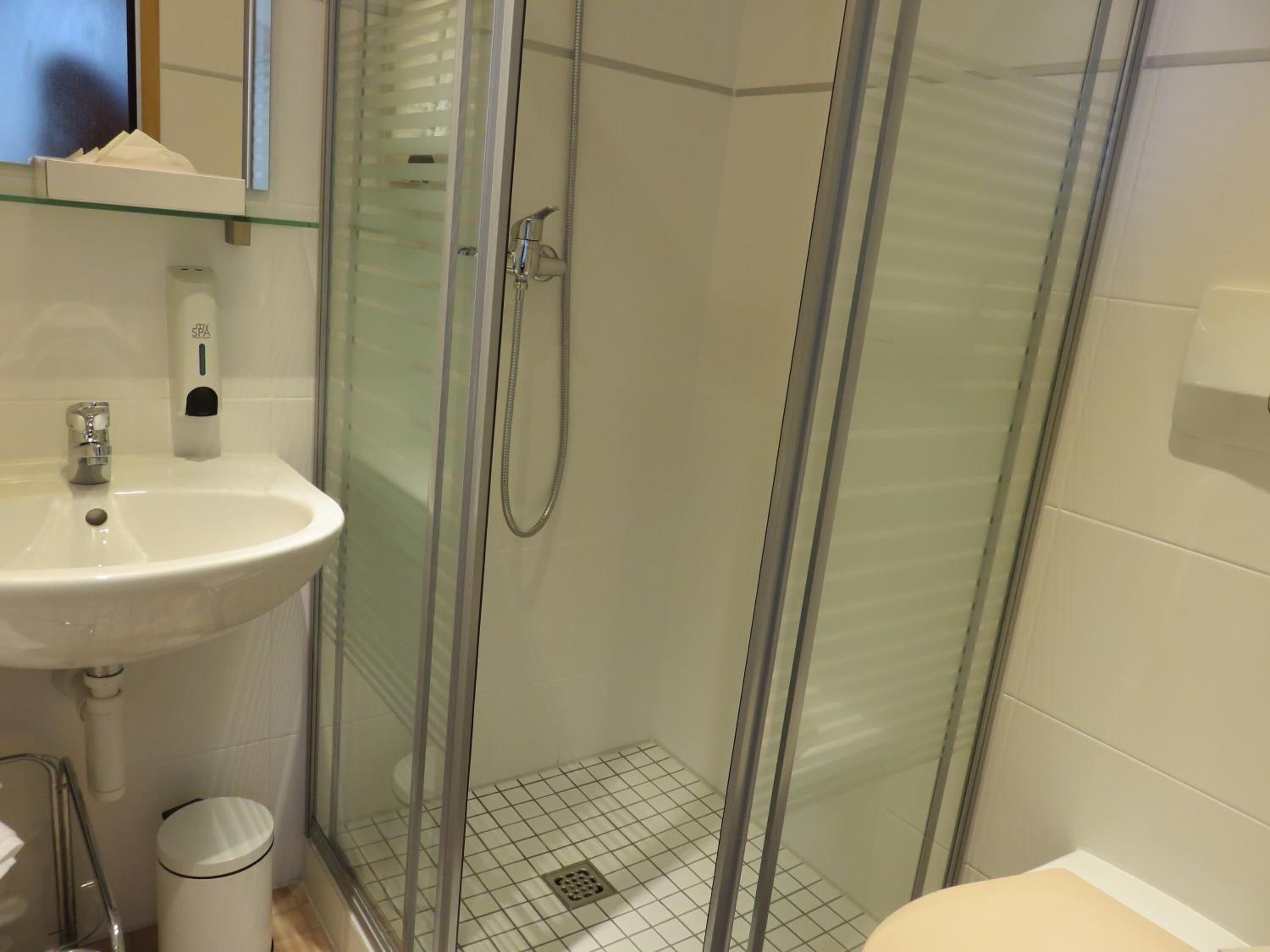 Un baño con ducha de vidrio, lavamanos y un cubo de basura.