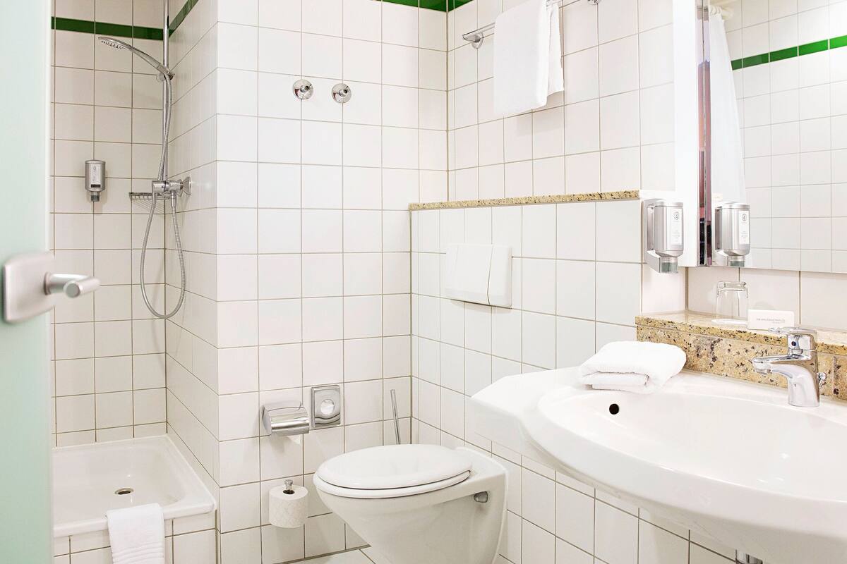 eco-friendly toiletries, hair dryer, slippers, towels