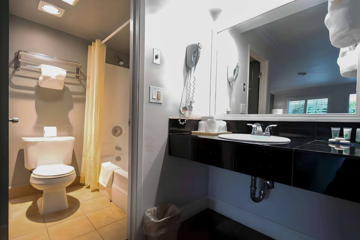 A modern bathroom with a toilet, sink, and shower.