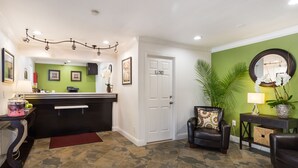 A reception area with a counter, a door, a seating area with a chair and a table, and a large potted plant.