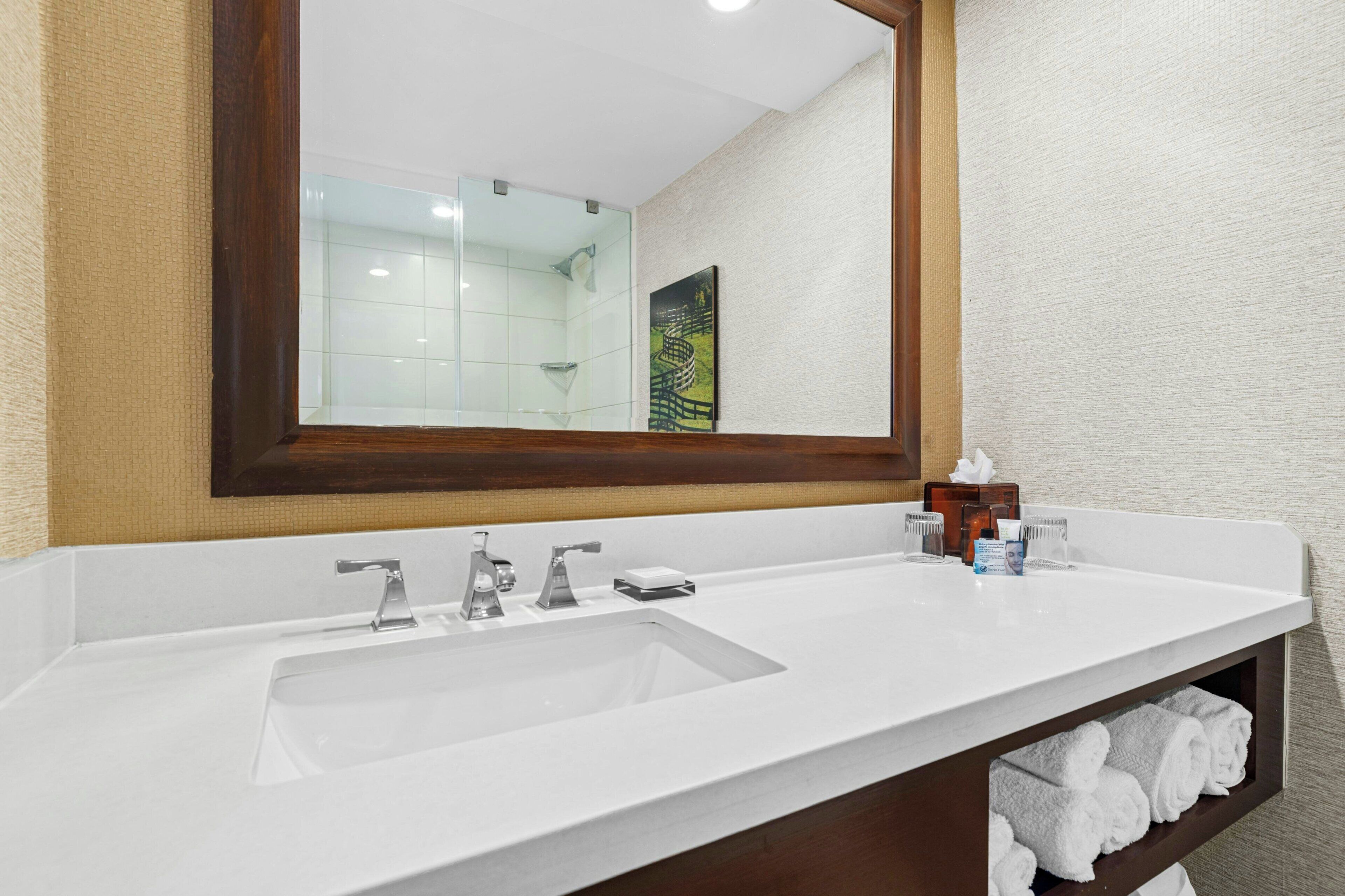 Une salle de bain avec un grand miroir, un lavabo double et un porte-serviettes.