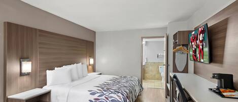 Desk, laptop workspace, blackout drapes, free cribs/infant beds